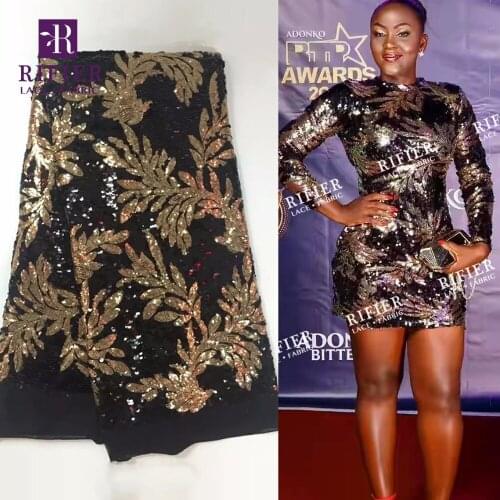 2018 Gold And Black Sequins Lace African India Mesh Tulle Net Lace With Sequins French Embroidery Evening Dresses Lace Fabrics