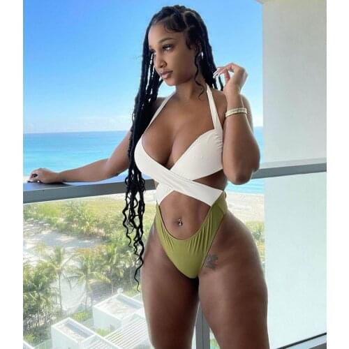 2021 Summer Beach wear Patchwork Bodysuit Swimwear Women Bikini Sexy Halter Backless Bandage Bathing One Piece Swimsuit