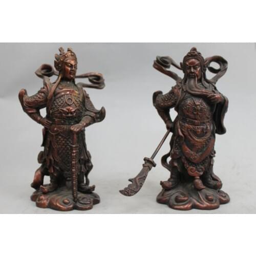 7 China Pure Bronze Guan Gong Wei Tuo Veda General two Bodhisattva Statue