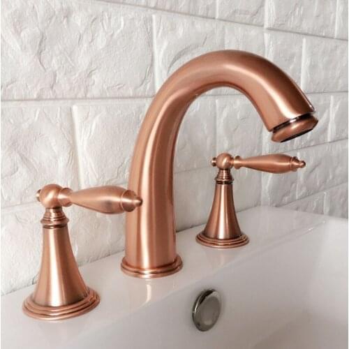 Antique Red Copper 3 Hole Widespread Bathroom Basin Faucet Deck Mounted Vessel Sink / Bathtub Dual Handle Mixer Taps lrg036