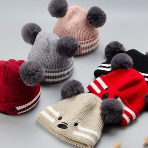 Children Winter Infant Hat Newborn Kids Baby Wool Knitted Cap Beanie With Two Double Pom Pom Beanie For Cute Boys Girl 0-2Years