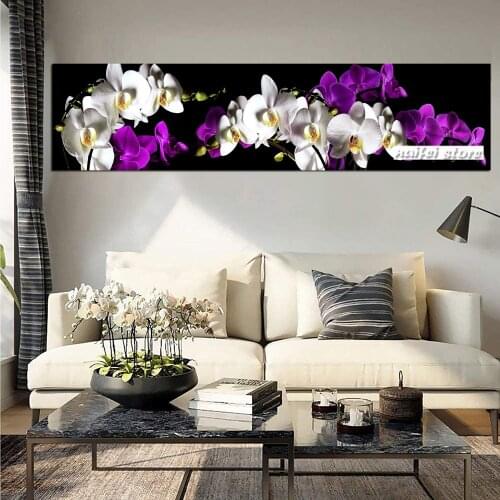 Purple White Orchid Black Background Diamond Painting Full Square/Round Diamond Cross Stitch Kits Diamond Embroidery For Decor