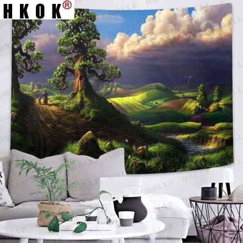 HKOK Fairy Tale Forest Tapestry Psychedelic Mountain Art Wall Hanging Backdrop Background Living Room Bedroom Home Decor