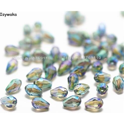 Isywaka 100pcs Hot Green Color Faceted Teardrop Beads Austria Crystal Bead Waterdrop Beads Loose Bead for DIY Making,3x5mm
