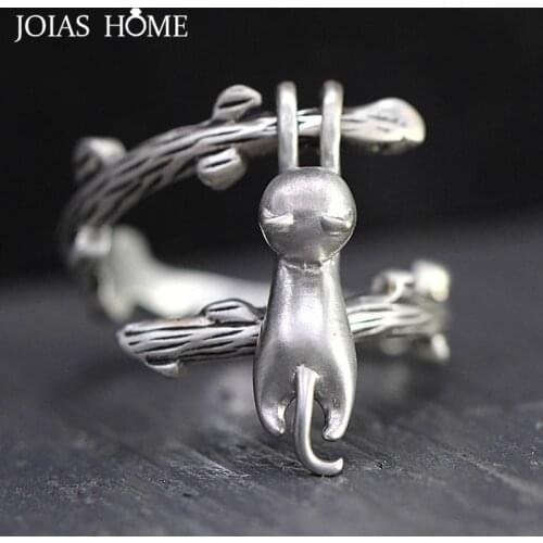 JoiasHome Thai Silver 925 Jewelry Opening adjustable Ring for Women Creative design Cat climb branch Cute Kitten Part Jewelry
