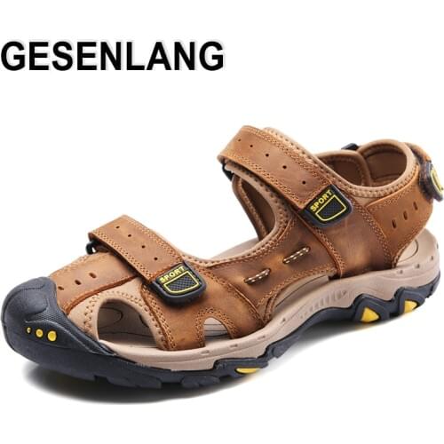 Mens Big Size Outdoor Hiking Sandals Closed Toe Genuine Leather Male Sneakers Breathable Non-skid Walking Beach Fisherman Shoes