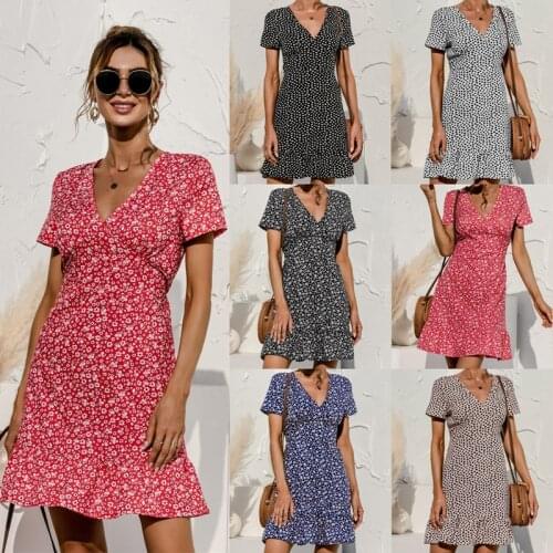 Spring Sweet Floral Dress Short Sleeve V-Neck Dresses Woman Summer 2021 Spotted Print Above Knee,Mini Sexy Ball Gown Robe Femme