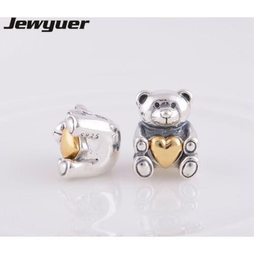 Bear charm with Golden Heart Charms 925 Sterling Silver beads pendant Fit Bracelet DIY assessories fine jewelry wholesale MN0639