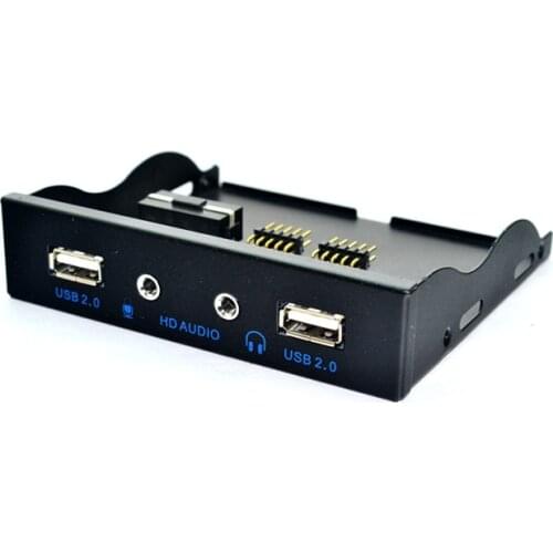 3.5 inch 9Pin to 2 USB 2.0 Port HUB Splitter Floppy Bay HD Audio 3.5mm Earphone Jack Expansion Front Panel Rack for Computer PC
