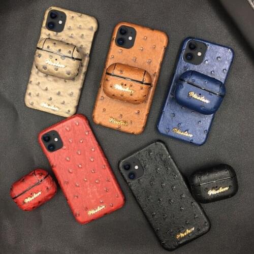 Luxury Ostrich PU Leather Phone Case For iPhone 11 Pro Max XS 7 8 6s Plus X XR Hard Cover For Airpods Pro Wireless Earphone Case