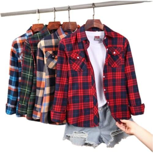 New Womens Plaid Shirts Plus Size M-5XL Female Cotton Blouse Long Sleeve Checkered Shirt Slim Turn-down Collar Blusas Femininas