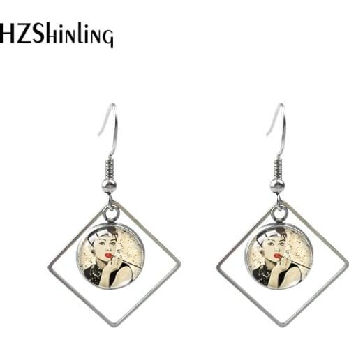2020 New Audrey Hepburn Hook Earring Art Picture Rhombic Earring Glass Dome Photo Jewelry Handmade Stainless steel Earrings