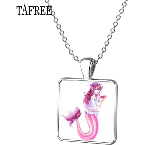 TAFREE Mermaid Elves Glass Cabochon Handmade Statement Necklaces Choker Pendants Long Link Chain Silver Plated Keepsake Jewelry