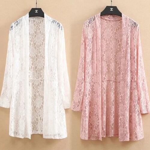 Thin lace hollow sunscreen cardigan womens large size air-conditioned shirt summer new style Korean casual mid-length shawl top