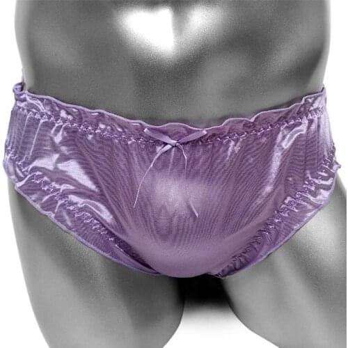 Sissy Bikini Panties Frilly Transparent Silk Mens Briefs Underwear Sexy Lingerie Shiny Gay Male Briefs Underpant Pouch