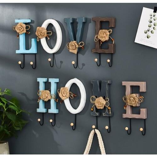 Rustic Wooden Creative Love Letter Design Decorative Wall Mounted Coat Rack Set with 6 Iron Hooks for Clothing, Keys (Love)