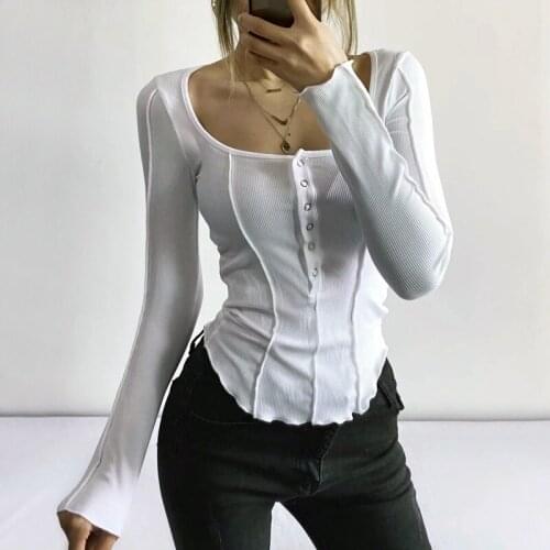 2021 New Spring Womens Exposed Seam Long-sleeved Square Neckline Stitching Wood Ears Single-breasted Slim Ladies T-shirt Top