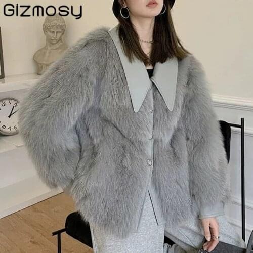 Gizmosy Women Winter High Quality Fake Fox Fur Jacket Loose Lapel OverCoat Thick Warm Faux Fur Coat Plus Size Female Plush Coat
