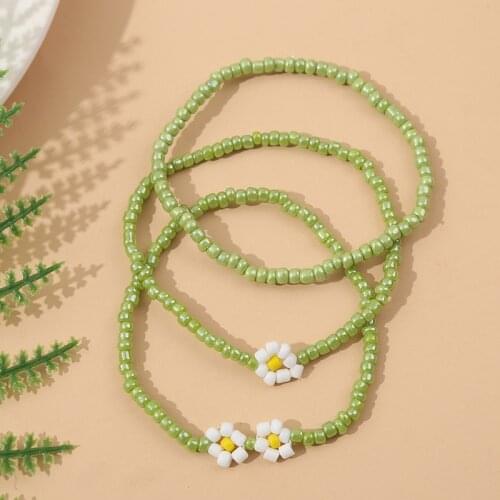 3 Pcs/Set Bohemian Female Light Green Glass Beads Charm Bracelets For Women Boho Handmade Beaded White Flower Bracelet Jewelry
