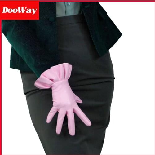 DooWay Womens Fashion Short Dress Gloves Ruffle Trim Faux Lambskin Leather Soft for Evening Costume Prom Party Light Pink