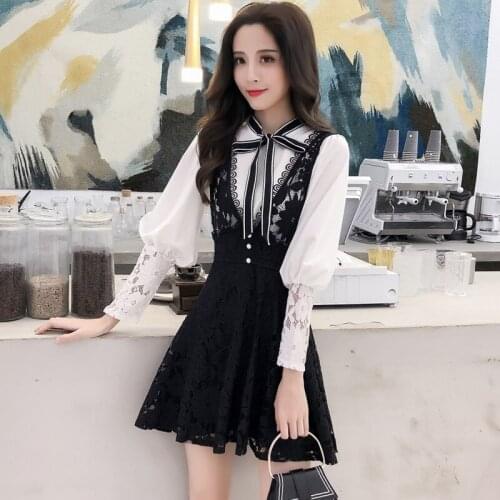 Korean Fashion Vestidos Women 2PC Dress Suit Bowtie White Shirt+Black Lace Mini Skirt Suits Outfits Sweet Two Piece Dress Sets