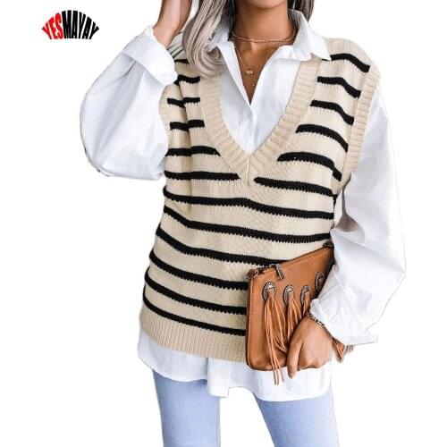 Sweater Vest Women Striped Print Fashion V-neck Casual Knitted Tops Ladies Sleeveless Autumn Winter Outwear Pullovers Pull 2021