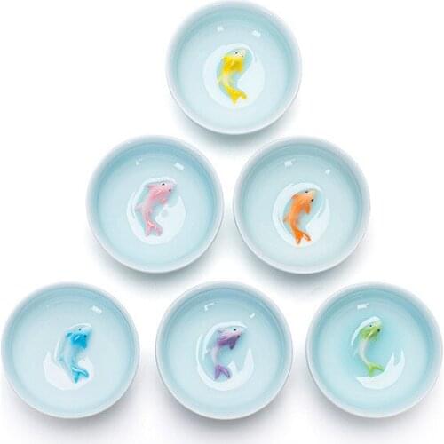 6pcs/set Celadon color goldfish tea cup,Kung Fu TeaCup Set Glaze Travel Tea Bowl Chinese Porcelain Teacup Set Tea accessories