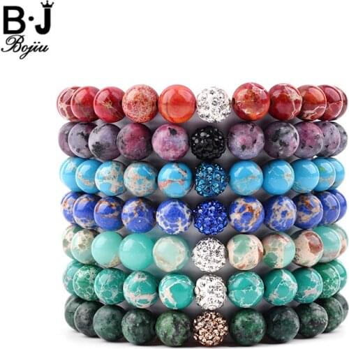 BOJIU Natural Agates Stone Bracelet For Women 10mm Zircon Ball Red Blue Green Purple River Stone Bracelet Lady Party Gift BC259