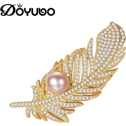 DOYUBO Brand Luxury Gold Color Feather Brooch Lady 925 Sterling Silver Cubic Zircon Freshwater Pearl Brooch Wedding JewelryVH004