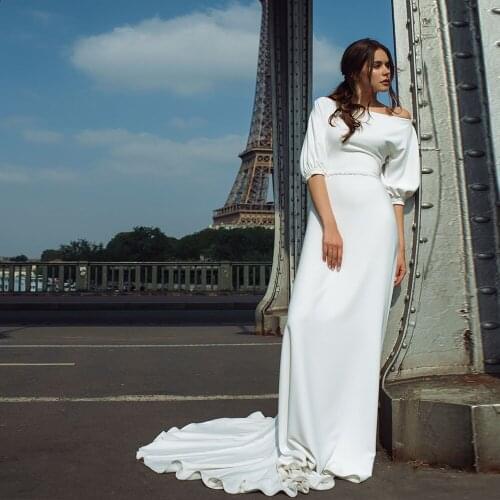 Custom Made Half Sleeve Pearls Up Back Beading Waist Sheath Satin Bridal Wedding Dresses Alibaba China Hochzeitskleid