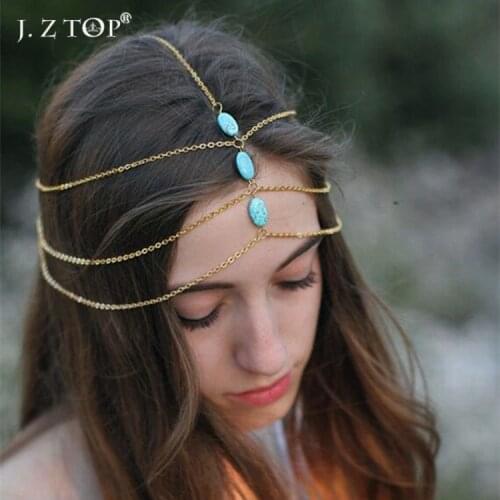 JZTOP Brand Ladies Green Tassel Hair Bands Personality Bohemia Metal Head Chain Hairwear Jewelry For Women