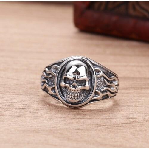 FNJ Vintage Skull Ring 925 Silver Adjustable Size 100% Original Real S925 Solid Silver Rings for Men Jewelry Size 8-11.5 Punk