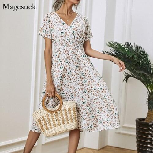 Summer Floral Beach Dress 7-color V Neck Vintage Printing White Party Dresses 2021 Chic New Plus Size Midi Dress Vestidos 14872