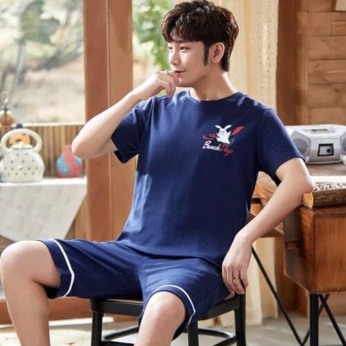 Summer Cotton Short Sleeved Mens Pajamas Set Fashion Handsome Navy Blue Male Sleepwear Plus Size Simple Cartoon Print Homewear
