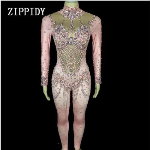 Fashion Shining Pink Pearls Crystals Jumpsuit Womens sexy Stretch Leggings Bodysuit Dance Stage Wear Female Singer Outfit
