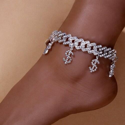 Fashion Crystals Dollar Anklet Bracelet for Women Bangle Trendy Leg Chain Luxury Wholesale Jewelry Cuban Link Anklet Chunky Gift