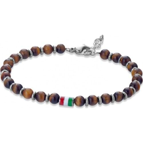 Runda Fashion Tiger Eyes Beaded Bracelet for Mens Stainless Steel Flag Bracelets Jewelry