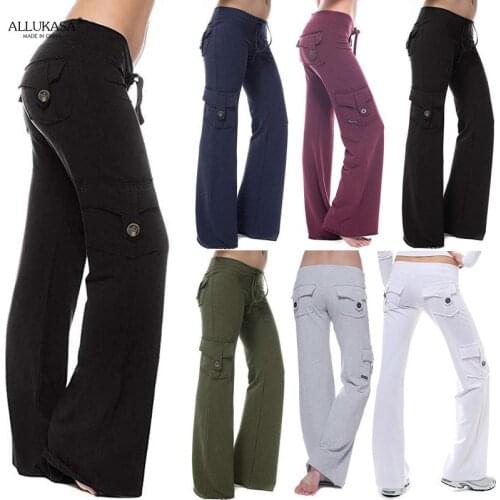 Soft Sports Drawstring Straight Sweatpants Cargo Pants Women Pants Long Pants Big Pockets Strong Elastic Wide Leg Trousers