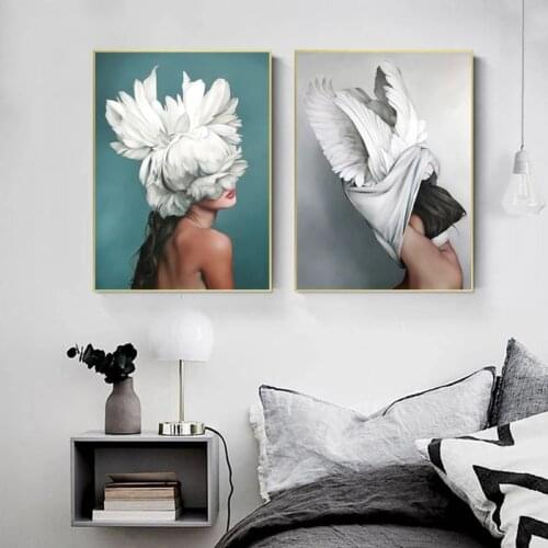 Nordic Posters and Prints Feather Woman Painting Modern Wall Art Abstract Canvas Paintings Bedroom Decor Wall Pictures No Frame
