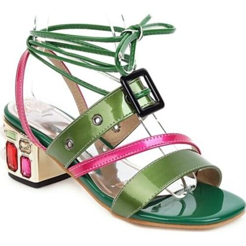2020 New Summer Chunky High Heels with Diamond Open Toe Cross-tied Mixed Colors Sandals Shoes Woman