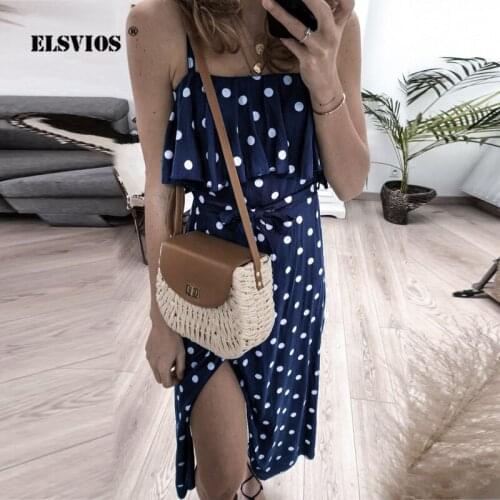 Ruffle Summer Sundress Women 2020 Vintage Off Shoulder Polka Dot Print Dresses New Backless Sleeveless Split Beach Dress Vestido