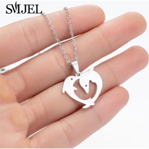 Lovely Korean Stainless Steel Double Dolphin Necklace Best Friends Necklaces Heart Charm Animal Fish Necklace Couple Choker