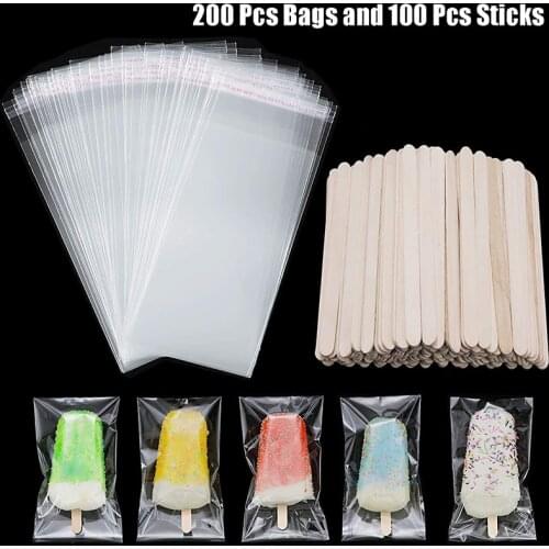 300 Pcs Popsicle Sticks and Pop Bags Set Ice Cream Clear Plastic Self-adhesive 8*20 cm Pouch with 11*1 cm Wooden Sticks