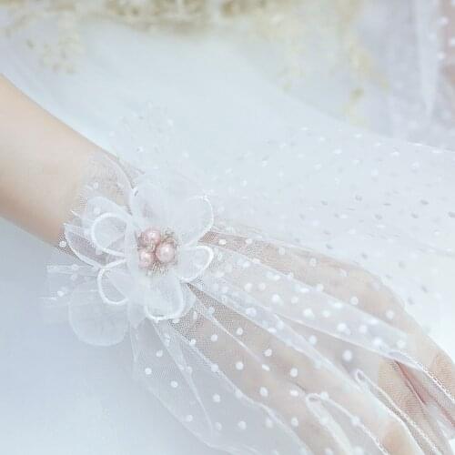 Bridal Gloves Lovely Sheer Short Full Finger With Flower White Dot Women Wedding Accessories