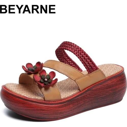 BEYARNE Platform Cow Leather Women Slides for Women 2021 Peep Toe Flat With Ladies Slippers Female Flower Weave Ethnic Footwear