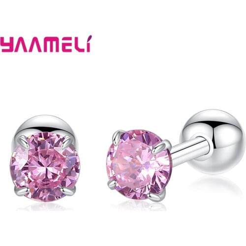 Blue Green White Pink Crystal Round Small Stud Earrings Wedding 925 Sterling Silver Earring For Women Girls Fine Jewelry Gift