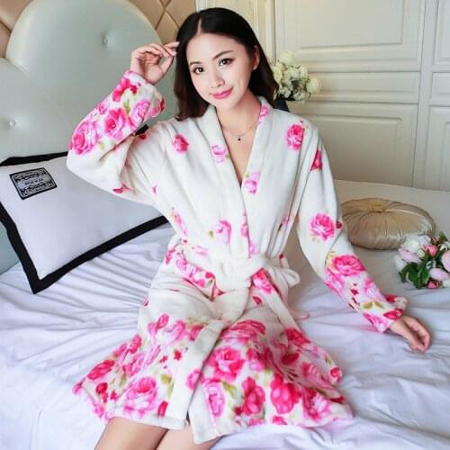 SLPBELY Coral Fleece Flower Winter Nightrobe Long Sleeve Women Pajamas Bathrobes Sexy Casual Nightwear Sleepwear Homewear