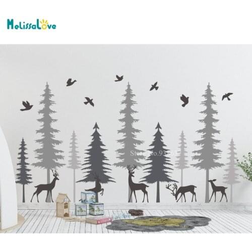 Pine Tree With Deers Wall Decals Forest Wild Life Woodland Decal Kids Nursery Decor Removable Vinyl Wall Stickers BB583
