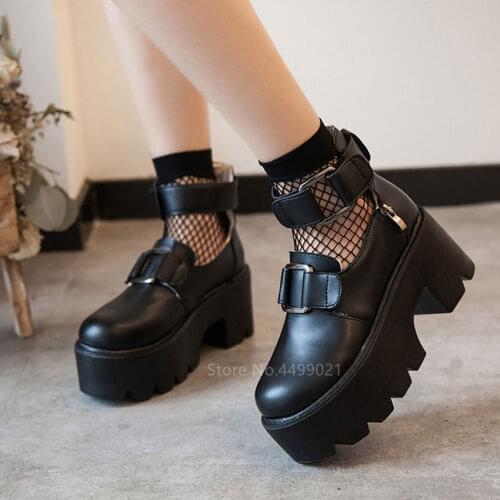 Lolita Gothic Round Toe Mary Jane Shoes Japanese College Girl Soft Sister JK Uniform Harajuku PU Leatehr Platform Black Shoes