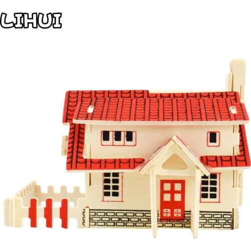 Western Style Cottage 3D Wooden Puzzle Jigsaw Toys for Children DIY House Building Model Kit Wood Toy Assembled Puzzles for Kids